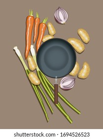 cooking vegetable stew in a pan of potatoes, carrots, green onions, red onions, vector illustration