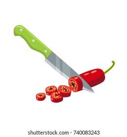 Cooking vegetables. Slicing chili pepper by knife. Vector illustration cartoon flat icon isolated on white.