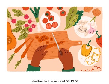 Cooking from vegetables, top view. Hands preparing food, cutting carrot on wooden board, table. Cook process, healthy vitamin salad dish, vegetarian meal from tomato, lettuce. Flat vector illustration