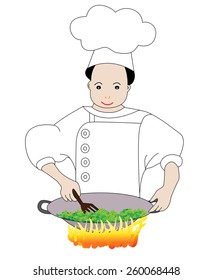 Cooking vegetables -Young Chef cooking vegetables in wok isolated on white background