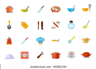 Cooking vessels, kitchen utensils icon set