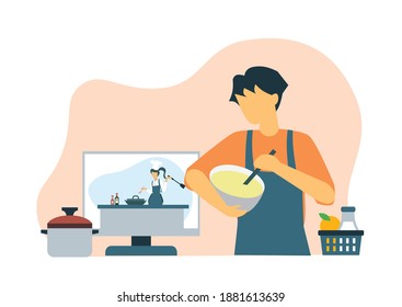 Cooking video blog on monitor display. Food blogger tells how to cook a dish. Woman chef teaches cooking new recipe.Male follower study prepare food. Video tutorial. Flat Vector illustration