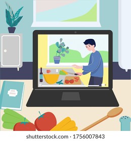 Cooking video blog and online master class on monitor display on kitchen table. Man preparing homemade meal. Concept video tutorial, stay home cook healthy food by recipe on the quarantine