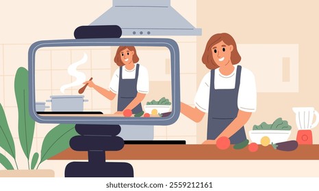 Cooking video blog. Online vlog channel. Woman leads stream in kitchen. Food preparing. Blogger create culinary content. Camera screen at tripod. Show recipe tutorial