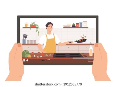 Cooking video. Hands holding tablet with culinary broadcast, show or online lesson. Chef preparing food in kitchen interior vector concept. Man character in apron frying vegetables on pan