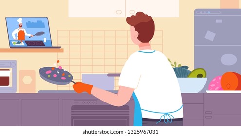 Aprendizaje de video de cocina. Vistazo de expertos en cocina de recetas en línea aprendiendo a cocinar en casa, lección de chef cocinar nutrición hobby culinario mirar el blog de comida, ilustración vectorial de cocinar video en línea