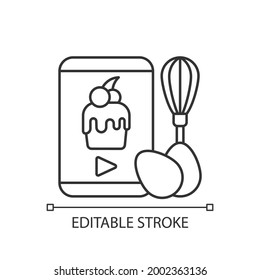 Cooking video linear icon. Culinary courses online. Cookery school for learning remotely. Thin line customizable illustration. Contour symbol. Vector isolated outline drawing. Editable stroke