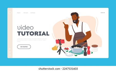 Video-Tutorial Landing Page Template. African Chief Blogger Cook Online, Virtual Culinary Classes Concept. Männliche Charaktere nutzen Internet zur Zubereitung von Lebensmitteln. Vektorgrafik von Cartoon People