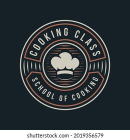 Cooking vintage logo. Cooking Class logo with Chef cap. Vintage label template. Logo, badge, emblem for food studio, cooking courses, culinary school. Vector illustration