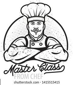 Cooking vintage logo. Cooking Class template logo with Chef. Modern design poster. Label, badge, poster for food studio, cooking courses, culinary school. Vector illustration.