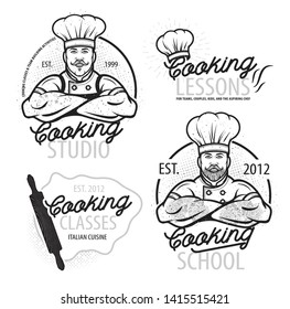 Cooking vintage logo. Cooking Class template logo with Chef. Modern design poster. Label, badge, poster for food studio, cooking courses, culinary school. Vector illustration.