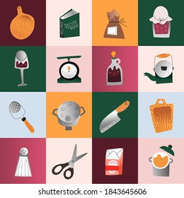 Kochutensilien, Küchenutensilien, Pop-Art-Poster für Kücheneinrichtungen, moderne, einfache, handgezeichnete Kunst im skandinavischen Stil. Colander für Nudeln, alte Waagen und Wasserkocher
