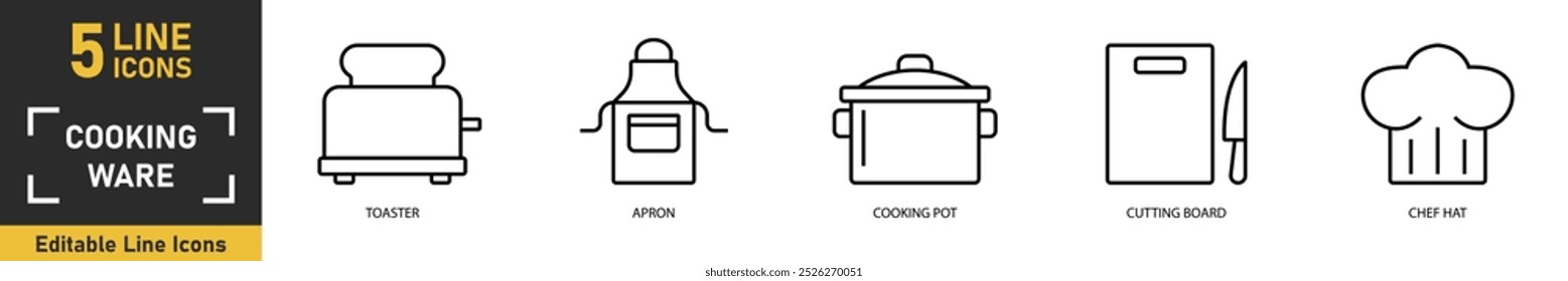 Cooking Ware line icon set. Set of 5 outline icons related to toaster, apron, cooking pot, cutting board, chef hat and more. Vector illustration.