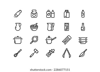 Cooking ware line icons. Kitchen utensils and accessories ketchup and mustard sauces, measuring cup pot frying pan and food containers. Vector editable stroke of kitchenware utensil line illustration