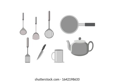 cooking ware, spatula, teapot, pan, mug, knive