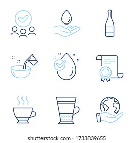 Cooking water, Champagne bottle and Water drop line icons set. Diploma certificate, save planet, group of people. Espresso, Double latte signs. Glass, Anniversary alcohol, Clean aqua. Vector