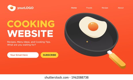 concepto de sitio web de cocina con sartén frita y soleado ejemplo de huevo colgante aislado con fondo rojo. diseño de interfaz de usuario. recomendación de alimentos y recetas.