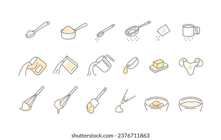 Cooking weights and measures icons set. Liquid and dry culinary ingredients. Typical baking containers for different recipes. Flat vector illustration isolated on white background
