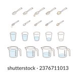 Cooking weights and measures icons. Typical measuring system for liquid and dry culinary ingredients. Measurements for different recipes. Flat vector illustration set