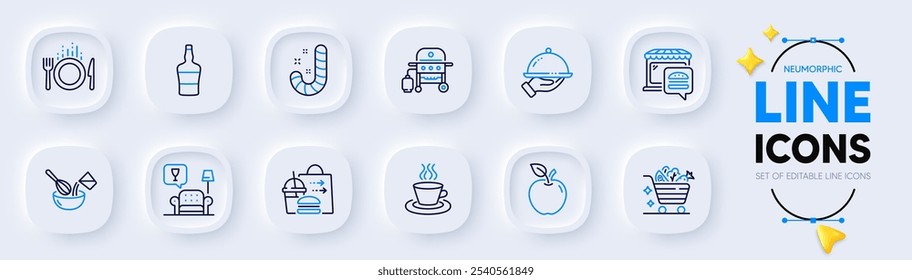 Cooking whisk, Apple and Candy line icons for web app. Pack of Food delivery, Scotch bottle, Restaurant food pictogram icons. Gas grill, Lounge, Vegetables cart signs. Tea cup. Cutlery, Fruit. Vector