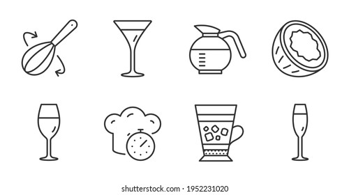 Cooking whisk, Frappe and Cooking timer line icons set. Wineglass, Champagne glass and Martini glass signs. Coconut, Coffeepot symbols. Cutlery, Cold drink, Stopwatch. Food and drink set. Vector
