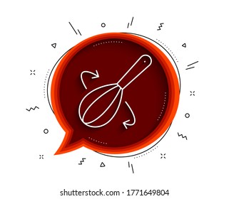 Icono de la línea de whisk de cocina. Burbuja de chat con sombra. Cartel de cuchillería. Símbolo de la mezcla de comida. Icono de whisk de cocina en línea delgada. Vector