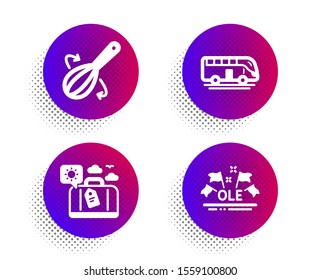 Cooking whisk, Travel luggage and Bus tour icons simple set. Halftone dots button. Ole chant sign. Cutlery, Trip bag, Transport. Sport championship. Business set. Vector