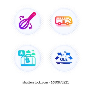 Cooking whisk, Travel luggage and Bus tour icons simple set. Button with halftone dots. Ole chant sign. Cutlery, Trip bag, Transport. Sport championship. Business set. Vector