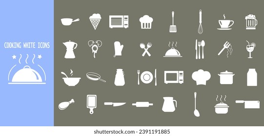 cooking white icons. Kitchen utensil icons.