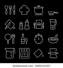 Cooking, white line icons. Comprehensive kitchen utensils and tools for preparing various dishes. Essential for home cooks. Symbols on black background. Editable stroke.