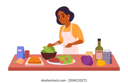 Cooking woman. Female character cooking tasty dishes, preparing food at home flat vector illustration. Homemade meal preparation scene