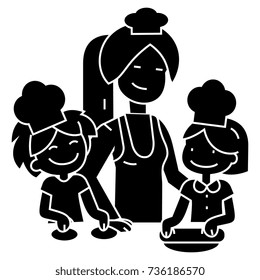 cooking woman with kids - bakery family icon, vector illustration, black sign on isolated background