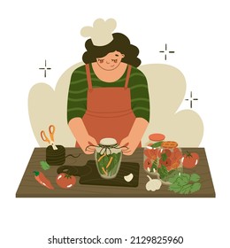 Cooking. Woman makes homemade vegetables. Home canning. Preparing food process. Concept of home made pickles. Chef. Flat style in vector illustration.