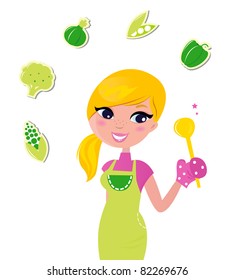 Cooking woman preparing healthy green food isolated on white - vector Cute blond woman cooking healthy food. Vector Illustration.