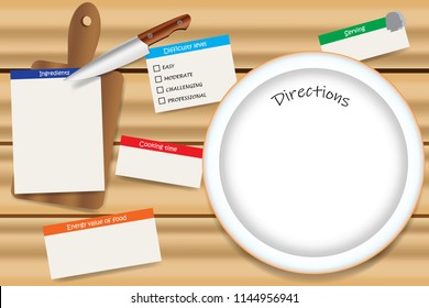 Cooking wooden board with a empty plate ready for direction text. Board contains cutting board and scattered notes with free place for ingredients, cooking time, difficulty level, serving and more