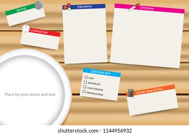 Cooking wooden board with a plate in the left bottom corner of the vector ready for your text. Board contains scattered notes with free place for directions, ingredients, cooking time and more