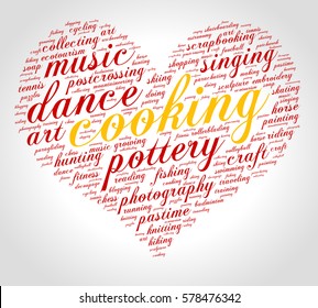 Cooking. Word cloud, heart, italic font, grey gradient background. Hobby.
