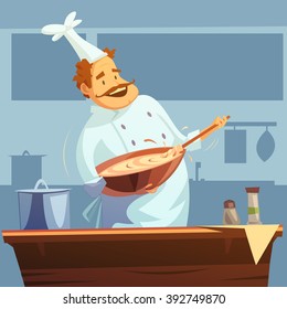 Cooking workshop with chef mixing ingredients  in a bowl cartoon vector illustration 