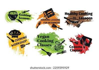 Cooking workshop paint grunge texture paintbrush stain design labels set vector flat illustration. Culinary educational class healthy eating food preparation black monochrome kitchen utensil chef hat