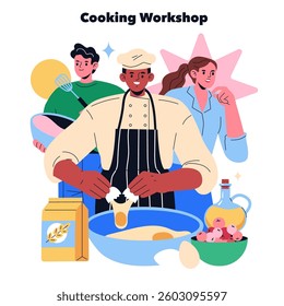 Cooking workshop with participants engaged in various culinary activities. Emphasizes teamwork and learning new skills in a lively kitchen environment. Perfect for promoting culinary classes and