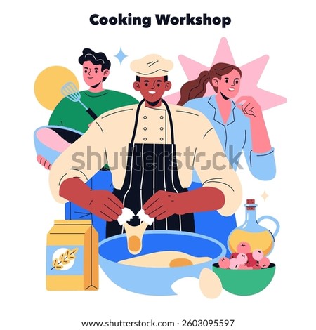 Cooking workshop with participants engaged in various culinary activities. Emphasizes teamwork and learning new skills in a lively kitchen environment. Perfect for promoting culinary classes and