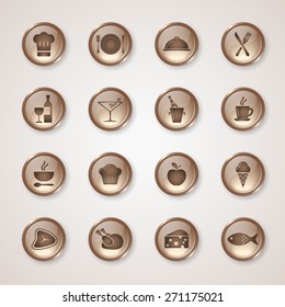 Cooking,food and kitchen icons set. 16 Icon Set. Brown Buttons. EPS10 vector.