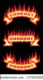 Cookout Fire Flame Scroll Banners is an illustration of a three flaming banners with cookout text. Includes a top arched, a straight and a bottom arched banner. Great for barbecues and parties.