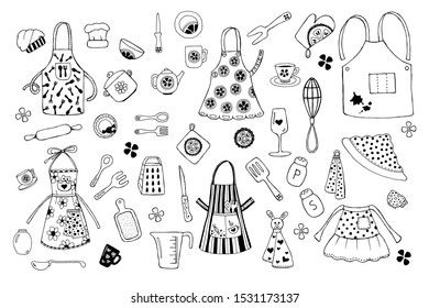 Cook's apron and cooking utensils. Hand made vector illustration in doodle style.