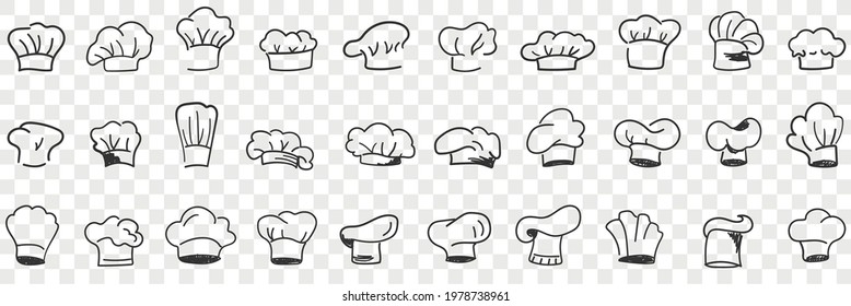Cooks cap headdress doodle set. Collection of hand drawn various styles and shapes of hats for cook in restaurant for wearing on head personal accessories in rows isolated on transparent background 