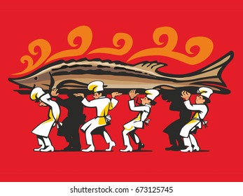 Cooks carry fried fish