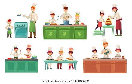 Cooks Childrens. Kids Baking Or Cooking Food, Chief Children Classes And Cook With Child Vector Illustration Set