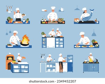 Cooks color set of isolated icons and compositions of chef cooks in uniform with kitchen utensils vector illustration