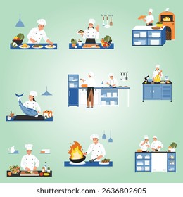 Cooks color set of isolated icons and compositions of chef cooks in uniform with kitchen utensils vector illustration