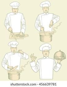 Cooks. Design set. Hand drawn engraving. Vector vintage illustration. Isolated on color background. 8 EPS